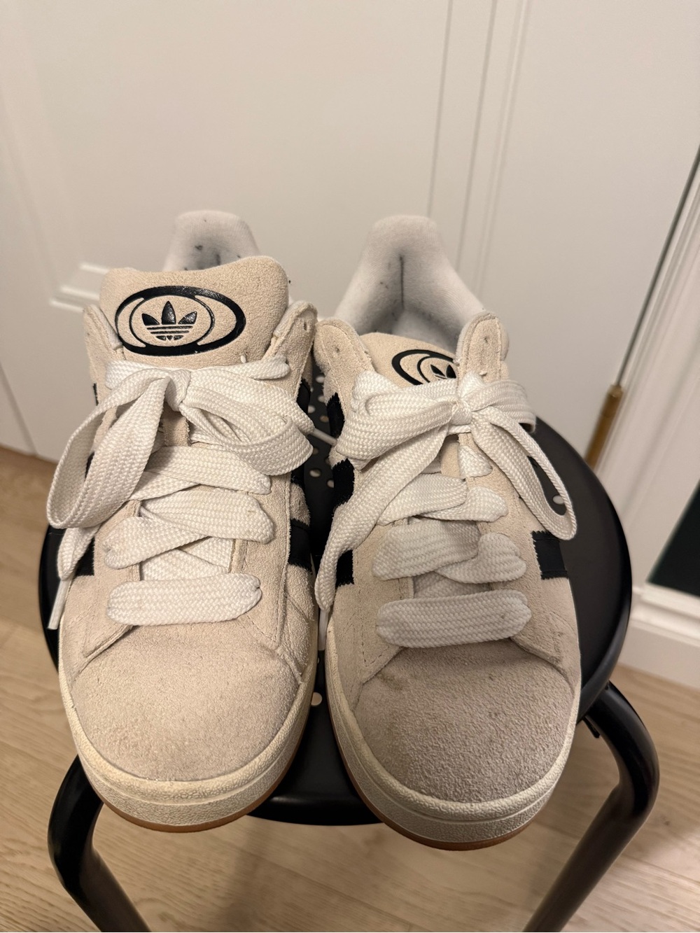 adidas campus Beige Suede Sneakers with Black Stripes and White Laces
